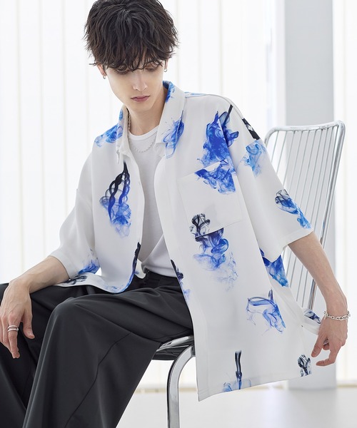 ETELIO（エテリオ）の「アソート総柄グラフィックプリントドレープ比翼シャツ（シャツ/ブラウス・メンズ・ホワイト系/ブラック系/ブラック系2/ブラック系3・S/M/L/XL）」の10枚目の写真