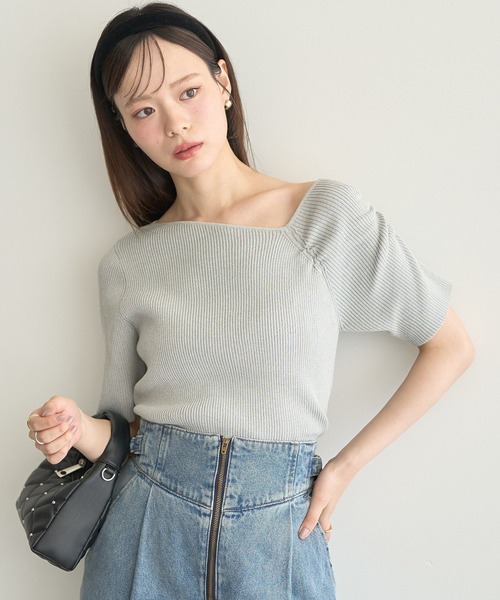earth music&ecology（アースミュージックアンドエコロジー）の「アシメネックリブニットプルオーバー（Tシャツ/カットソー・レディース・オフホワイト/杢グレー/ブラウン・FREE）」の3枚目の写真