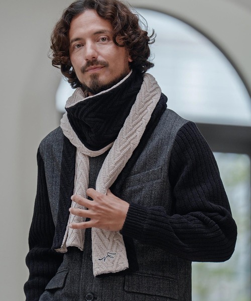 CALL&RESPONSE（コールアンドレスポンス）の「mko12989-ヘリンボーンニットマフラー-サイセンタク（マフラー・メンズ・ブラック×ベージュ/ブラック系その他・FREE）」の4枚目の写真