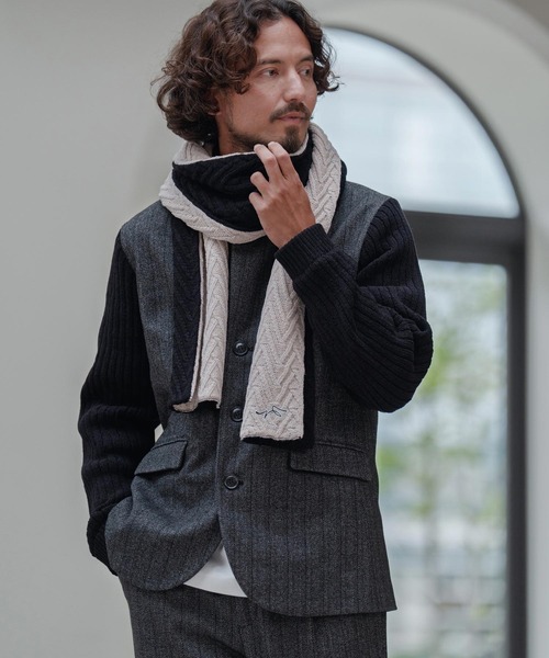 CALL&RESPONSE（コールアンドレスポンス）の「mko12989-ヘリンボーンニットマフラー-サイセンタク（マフラー・メンズ・ブラック×ベージュ/ブラック系その他・FREE）」の5枚目の写真