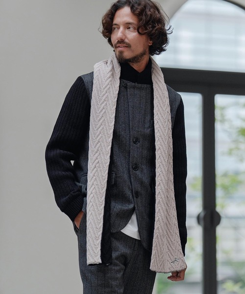 CALL&RESPONSE（コールアンドレスポンス）の「mko12989-ヘリンボーンニットマフラー-サイセンタク（マフラー・メンズ・ブラック×ベージュ/ブラック系その他・FREE）」の6枚目の写真