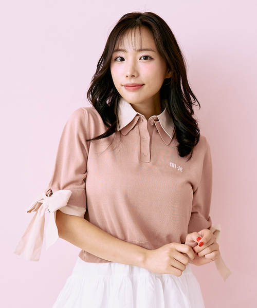 Mi-je(ミジェ)の「リボンスリーブレイヤードニット【韓国ファッション】(ニット/セーター・レディース・ピンク/ネイビー・F)」の1枚目の写真