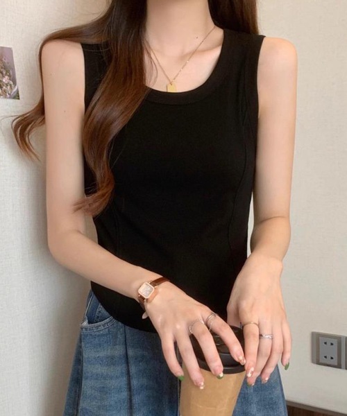 Lace Ladies(レースレディース)の「ソリッドカラー ウエスト シェイプ ノースリーブ タンクトップ(タンクトップ・レディース・ブラック/ホワイト・S/L/M)」の7枚目の写真