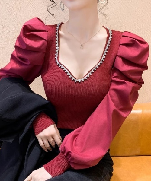deux amour(ドゥーザムール)の「パワショル異素材切り替えVネックニットプルオーバー(ニット/セーター・レディース・レッド/アイボリー/ブラック/グリーン・FREE)」の8枚目の写真
