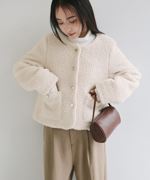 セール】ラメボア金ボタンノーカラージャケット（ノーカラージャケット