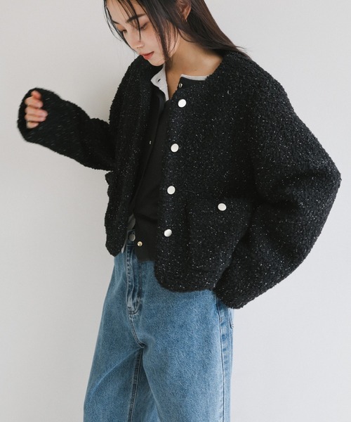 セール】ラメボア金ボタンノーカラージャケット（ノーカラージャケット