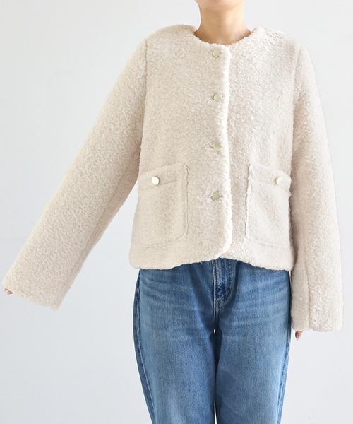 セール】ラメボア金ボタンノーカラージャケット（ノーカラージャケット