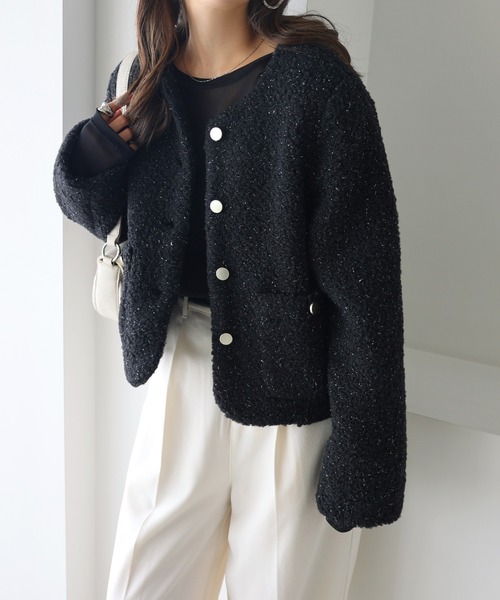 セール】ラメボア金ボタンノーカラージャケット（ノーカラージャケット