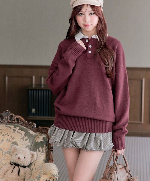 OLIVE des OLIVE（オリーブデオリーブ）の「ラガーポロニット（ニット/セーター・レディース・オフホワイト/トップグレー/ボルドー・FREE）」の3枚目の写真