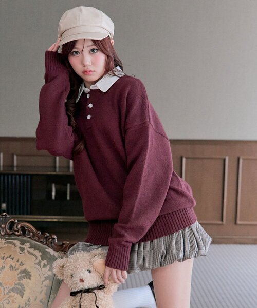 OLIVE des OLIVE（オリーブデオリーブ）の「ラガーポロニット（ニット/セーター・レディース・オフホワイト/トップグレー/ボルドー・FREE）」の9枚目の写真