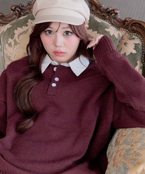 OLIVE des OLIVE（オリーブデオリーブ）の「ラガーポロニット（ニット/セーター・レディース・オフホワイト/トップグレー/ボルドー・FREE）」の8枚目の写真