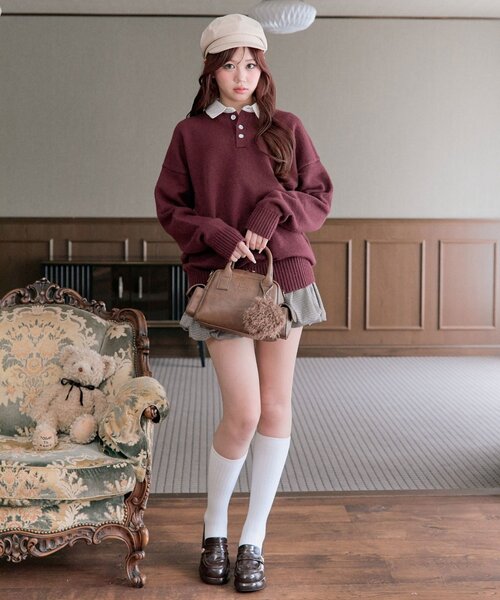 OLIVE des OLIVE（オリーブデオリーブ）の「ラガーポロニット（ニット/セーター・レディース・オフホワイト/トップグレー/ボルドー・FREE）」の5枚目の写真