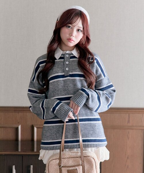 OLIVE des OLIVE（オリーブデオリーブ）の「ラガーポロニット（ニット/セーター・レディース・オフホワイト/トップグレー/ボルドー・FREE）」の20枚目の写真