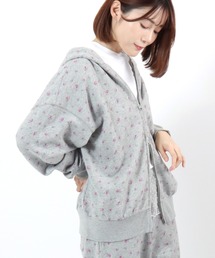 JEMORGAN(ジェーイーモーガン)ガーゼ裏毛 花柄スウェットジップアップパーカー/ビッグシルエット/長く着られる大人のルーム&ワンマイル