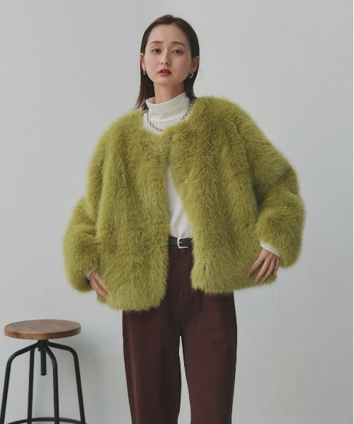 セール】ノーカラー フェイクファーコート（ノーカラーコート）｜ad