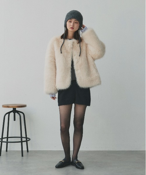 ノーカラー フェイクファーコート（ノーカラーコート）｜ad thie