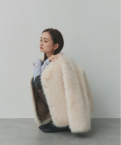 ノーカラー フェイクファーコート（ノーカラーコート）｜ad thie