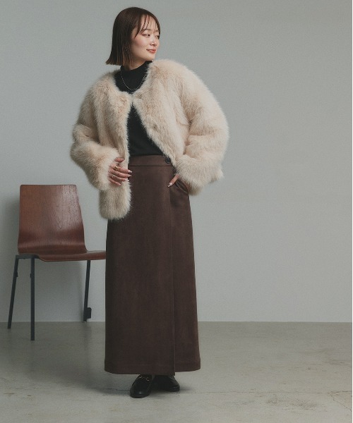 セール】ノーカラー フェイクファーコート（ノーカラーコート）｜ad