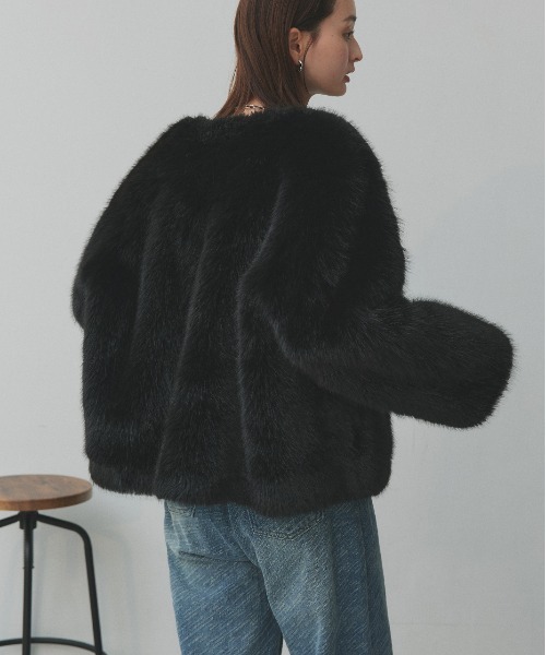 セール】ノーカラー フェイクファーコート（ノーカラーコート）｜ad