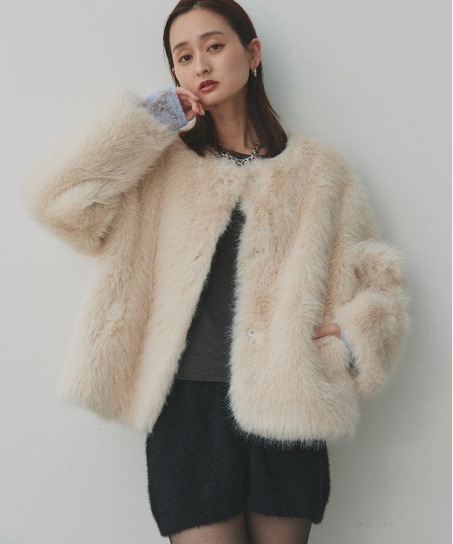 セール】ノーカラー フェイクファーコート（ノーカラーコート）｜ad