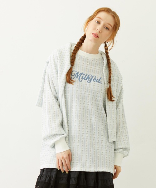 MILKFED.（ミルクフェド）の「STRIPED FLOWER WAFFLE L/S TOP（Tシャツ/カットソー・レディース・アッシュ/オフホワイト・ONE SIZE）」の2枚目の写真