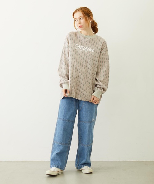 MILKFED.（ミルクフェド）の「STRIPED FLOWER WAFFLE L/S TOP（Tシャツ/カットソー・レディース・アッシュ/オフホワイト・ONE SIZE）」の6枚目の写真