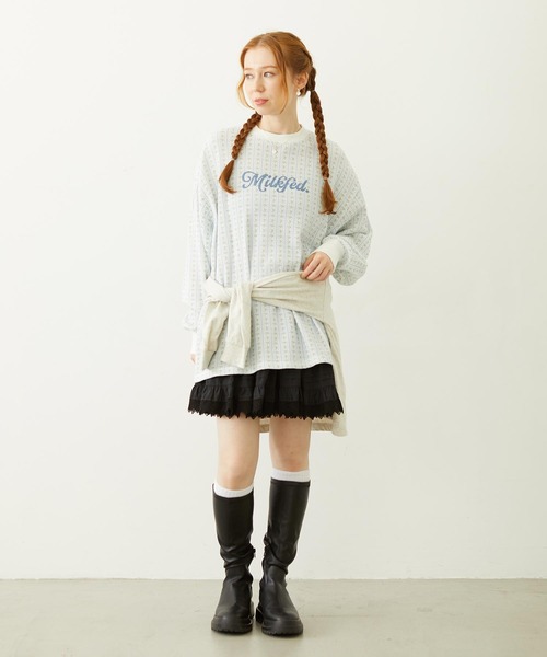 MILKFED.（ミルクフェド）の「STRIPED FLOWER WAFFLE L/S TOP（Tシャツ/カットソー・レディース・アッシュ/オフホワイト・ONE SIZE）」の17枚目の写真