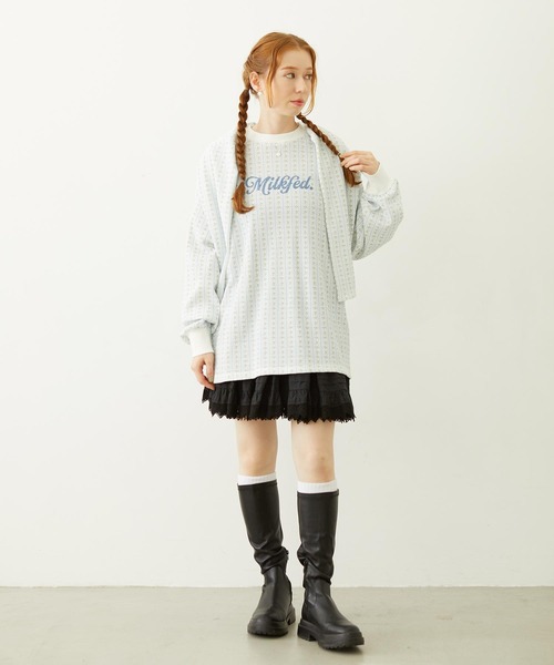 MILKFED.（ミルクフェド）の「STRIPED FLOWER WAFFLE L/S TOP（Tシャツ/カットソー・レディース・アッシュ/オフホワイト・ONE SIZE）」の14枚目の写真