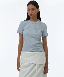 MILLO WOMEN（ミロウーマン）の「パールリボンTシャツ[パウダーブルー]（Tシャツ/カットソー）」
