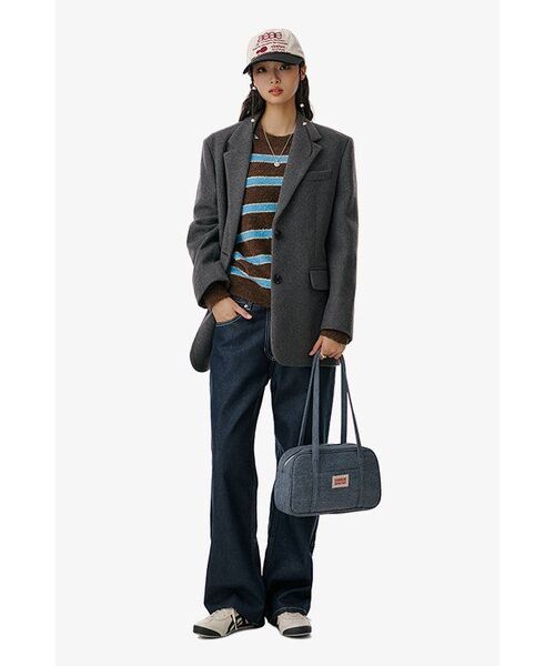 MUSINSA STANDARD WOMAN（ムシンサスタンダードウーマン）の「ウィメンズウールブレンドメルトンオーバーショルダーブレザー[ミディアムグレー]（テーラードジャケット・レディース・その他・SMALL/MEDIUM/LARGE/X-SMALL）」の3枚目の写真