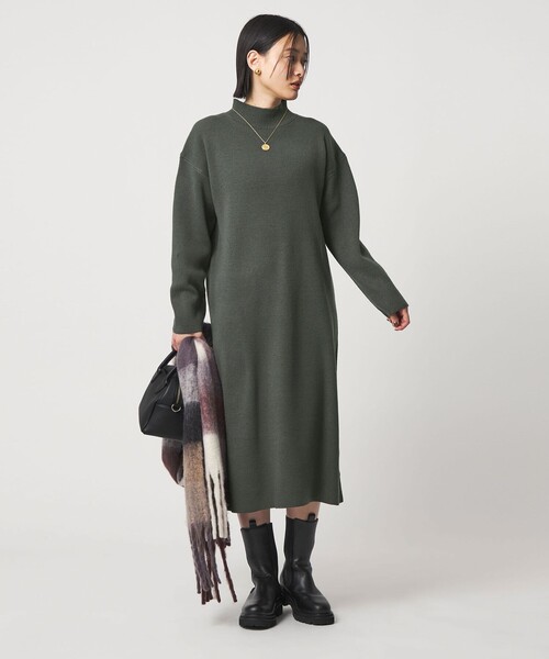 【エースアンドレア】美品♡ニットワンピース モックネック ロゴ 168S カーキ A DAY IN THE LIFE UNITED ARROWS（アデイインザライフユナイテッド