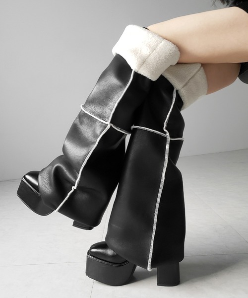 me+em select(ミームセレクト)の「【 ニーハイにもなる2WAY 】ムートンフェイクレザールーズレッグカバー / mouton fake leather loose leg cover(レッグウォーマー・レディース・ブラック・FREE)」の5枚目の写真