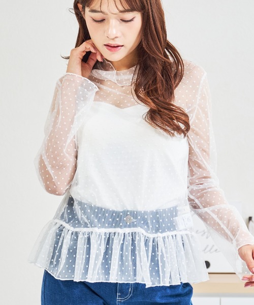 MISCH MASCH(ミッシュマッシュ)の「ZOZO限定 ドットシアー裾フリルハイネックプルオーバー(Tシャツ/カットソー・レディース・ホワイト/ブラック・フリ-)」の1枚目の写真