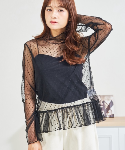 MISCH MASCH(ミッシュマッシュ)の「ZOZO限定 ドットシアー裾フリルハイネックプルオーバー(Tシャツ/カットソー・レディース・ホワイト/ブラック・フリ-)」の2枚目の写真