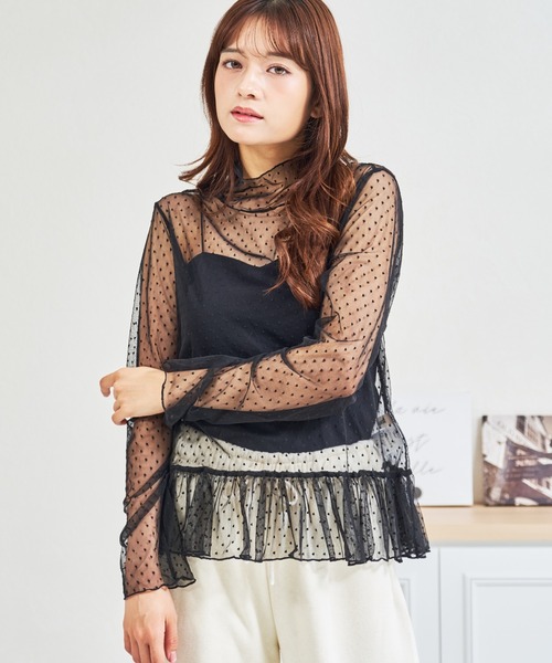 MISCH MASCH(ミッシュマッシュ)の「ZOZO限定 ドットシアー裾フリルハイネックプルオーバー(Tシャツ/カットソー・レディース・ホワイト/ブラック・フリ-)」の6枚目の写真