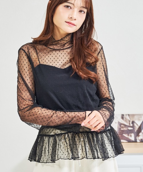 MISCH MASCH(ミッシュマッシュ)の「ZOZO限定 ドットシアー裾フリルハイネックプルオーバー(Tシャツ/カットソー・レディース・ホワイト/ブラック・フリ-)」の5枚目の写真