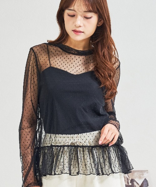 MISCH MASCH(ミッシュマッシュ)の「ZOZO限定 ドットシアー裾フリルハイネックプルオーバー(Tシャツ/カットソー・レディース・ホワイト/ブラック・フリ-)」の4枚目の写真