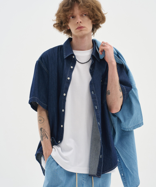 BLOND9（ブロンドナイン）の「ポケットハーフデニムシャツ_ダークインディゴ（シャツ/ブラウス・レディース・その他・LARGE/MEDIUM/X-LARGE）」の18枚目の写真
