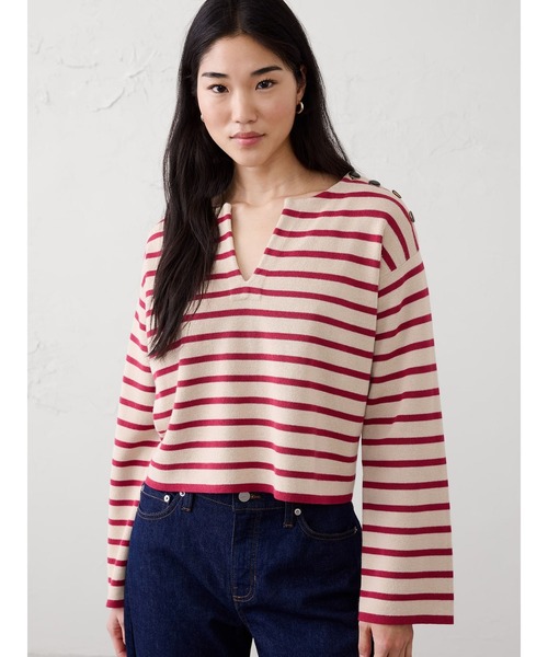 BANANA REPUBLIC FACTORY STORE(バナナリパブリック ファクトリーストア)の「BANANA REPUBLIC FACTORY STORE ストライプ ボタン付き ノッチネック セーター(ニット/セーター・レディース・レッド系その他/ブラック・L/S/M/XS)」の1枚目の写真