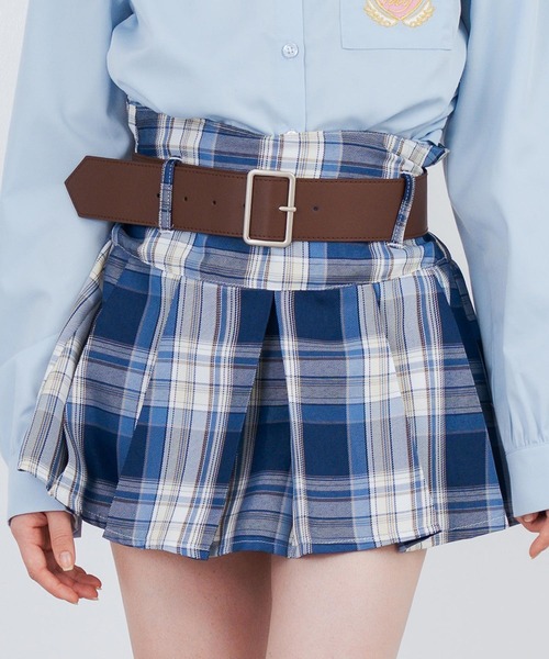 ANAP GiRL(アナップガール)の「ベルト付プリーツチェック柄スカート(スカート・キッズ・パープル/ネイビー/グリーン・S/XS/M)」の2枚目の写真