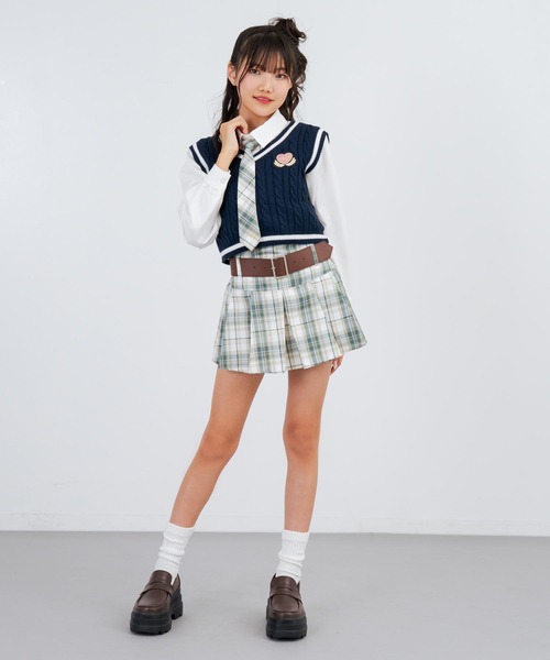 ANAP GiRL(アナップガール)の「ベルト付プリーツチェック柄スカート(スカート・キッズ・パープル/ネイビー/グリーン・S/XS/M)」の9枚目の写真