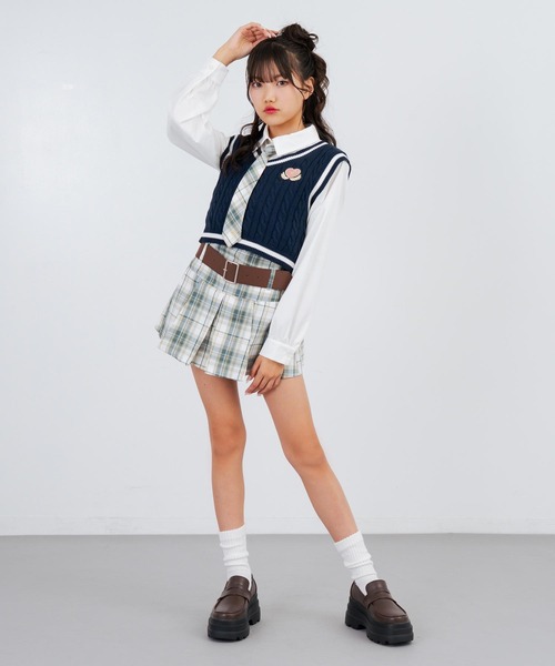 ANAP GiRL(アナップガール)の「ベルト付プリーツチェック柄スカート(スカート・キッズ・パープル/ネイビー/グリーン・S/XS/M)」の10枚目の写真