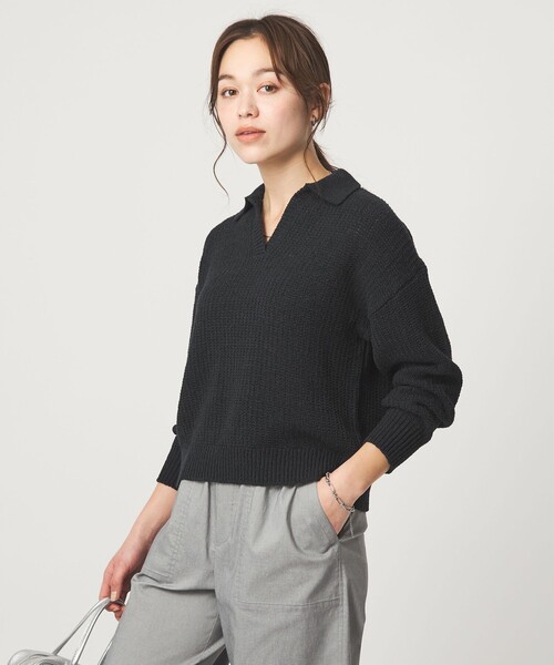 green label relaxing（グリーンレーベルリラクシング）の「テープヤーン スキッパー プルオーバー ニット ウォッシャブル（ニット/セーター・レディース・ブラック/グレー系/オフホワイト・FREE）」の2枚目の写真