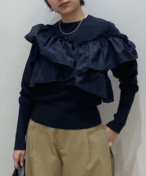 STYLEMIXER(スタイルミキサー)の「アシンメトリーフリルニットトップ(ニット/セーター・レディース・ホワイト/ネイビー/ブラック・FREE)」の3枚目の写真