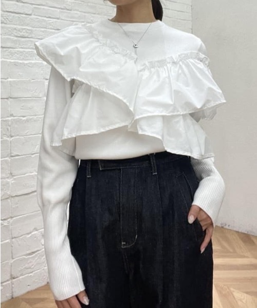 STYLEMIXER(スタイルミキサー)の「アシンメトリーフリルニットトップ(ニット/セーター・レディース・ホワイト/ネイビー/ブラック・FREE)」の1枚目の写真
