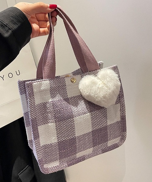 Mignonjour(ミニョンジュール)の「Mignonjour/ハートチャーム付きチェック柄ミニトートバッグ M2891(トートバッグ・レディース・レッド/グリーン/ブラック/パープル・FREE)」の3枚目の写真
