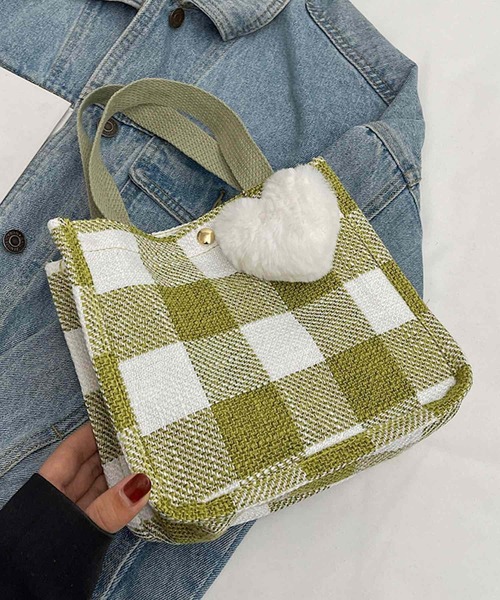 Mignonjour(ミニョンジュール)の「Mignonjour/ハートチャーム付きチェック柄ミニトートバッグ M2891(トートバッグ・レディース・レッド/グリーン/ブラック/パープル・FREE)」の1枚目の写真