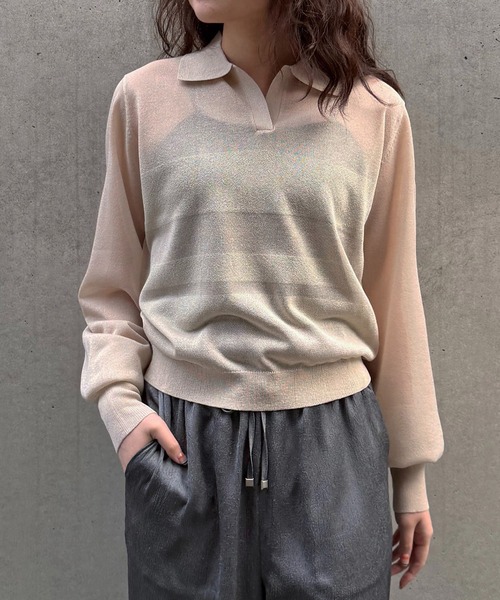 &g'aime(アンジェム)の「【&g'aime 】シアーボーダーポロニット Sheer Striped Polo Knit Top(ニット/セーター・レディース・ブラック/ネイビー/アイボリー・FREE)」の2枚目の写真