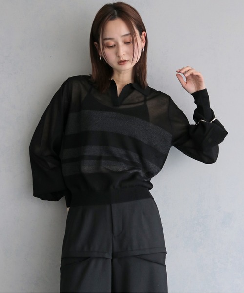 &g'aime(アンジェム)の「【&g'aime 】シアーボーダーポロニット Sheer Striped Polo Knit Top(ニット/セーター・レディース・ブラック/ネイビー/アイボリー・FREE)」の3枚目の写真