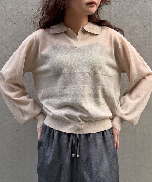 &g'aime(アンジェム)の「【&g'aime 】シアーボーダーポロニット Sheer Striped Polo Knit Top(ニット/セーター・レディース・ブラック/ネイビー/アイボリー・FREE)」の5枚目の写真